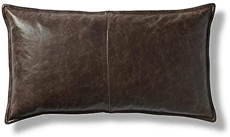 Genuine Leather Pillow Cover Case for Lumbar Throw Couch Pillows - Modern Farmhouse Decorative Sofa Thick & Soft Cushion Covers (Dark Brown, 16" x 24")