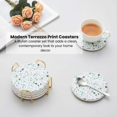 Terrazzo Coasters Set of 6, Ceramic Absorbent Drink Coasters, Cute Moisture Absorbing Coaster, Coffee Table Desk Decor, Colorful Stone Coaster for Drinks (Sage)