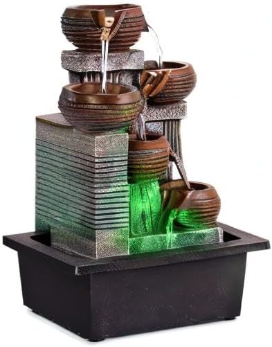 Father'sDen Collection Indoor Fountains and Waterfalls from 5-Tiered Pots-12”H Tabletop Water Fountain-Desk Fountain-Office Decor with Audible Calming Waterfall Sounds-Zen Fountain with Color Lights
