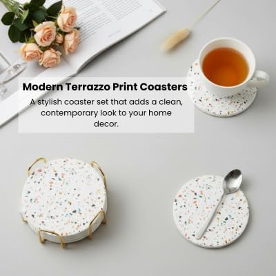 Terrazzo Drink Absorbent Coasters with Holder Set of 6, Ceramic Coaster for Drinks, Coffee Table Decor, Water Absorbing Stone Coaster for Drinks (Confetti)