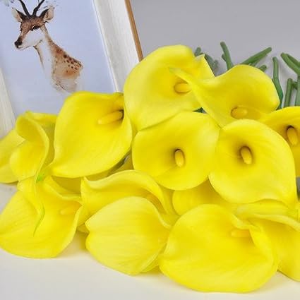 Floral Kingdom 20 Pack Artificial Calla Lily Flowers 14 Inch Yellow - Real Touch Latex Flowers for Home Decor, Kitchen Counters, Breakfast Nooks & Weddings