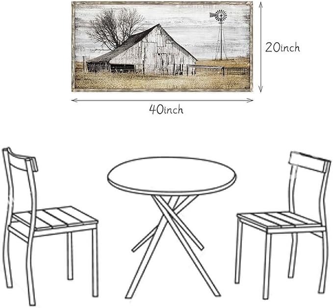 Barn Framed Wall Art Farmhouse: Rustic Farm Wood Picture Decor Large Windmill Country Scene Painting Horizontal Nature Landscape Artwork Panoramic Countryside View Print for Home Living Room Bedroom