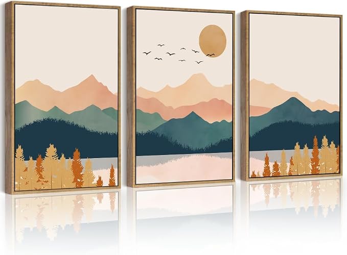 PHOPAGO Mountain Range Landscape Large 16x24in Framed Wall Art Watercolor Nature Laker Paints Boho Sun Rises Rustic Room Decor for Living Room Farmhouse - Natural Framed
