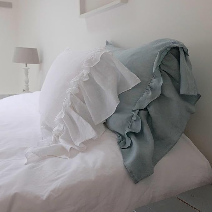 French Linen Pillow Case, 20x30'' Queen Size Pure 100% Linen Flax Pillow Cover 1 Pack, Ruffled Pillow Sham Soft and Breathable (Queen, White, 1 PCS)
