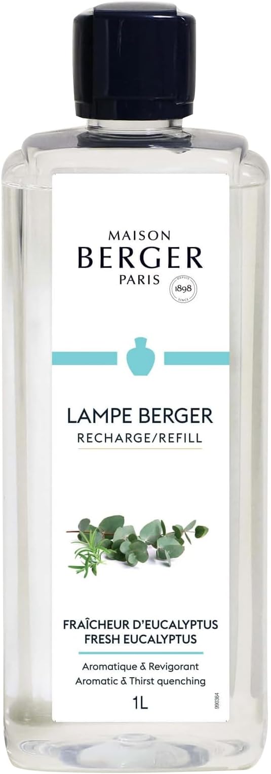 Maison Berger Fresh Eucalyptus Lampe Berger Refill, 1 Liter (33.8 fl oz), 2-in-1 Catalytic System, Neutralizes Odors and Diffuses Fragrance, Citrus, Green Notes, Lavender, Eucalyptus, Made in France
