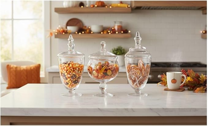 Elements Clear Glass Apothecary Jars with Lids, Set of 3 - Decorative Storage Jars for Home, Kitchen, Bathroom - 10, 9.5, 8.5 Inch Handcrafted Display Jar Set