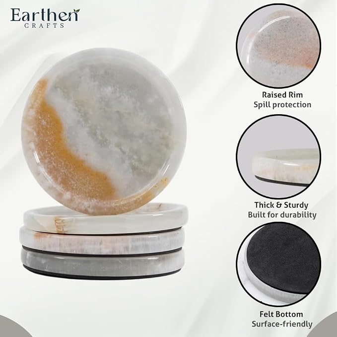 Marble Coasters Set of 4 Drink Coasters 4 Inches Cream Onyx Round Stone Coaster for Drinks, Mug, Glass, Ideal for Coffee Table Decor