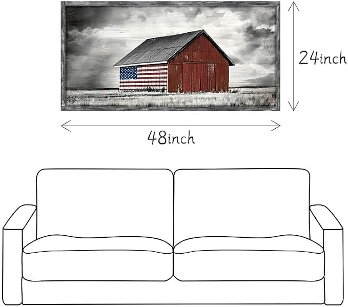 Barn Wall Art Wood Picture: Large Farmhouse Country American Flag Framed Painting Decor Black White Rustic Farm Countryside Landscape Artwork Panoramic Horizontal Rural Nature Scene Print for Living Room Bedroom
