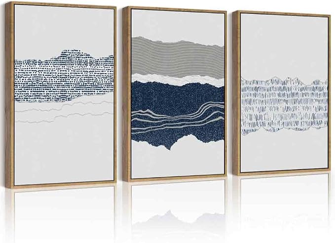 PHOPAGO Navy Blue Abstract Shapes Framed Wall Art Large 16x24in Mid Century Minimalist Boho Wall Decor Modern Neutral Rustic Farmhouse Living Laundry Decor - Natural Framed