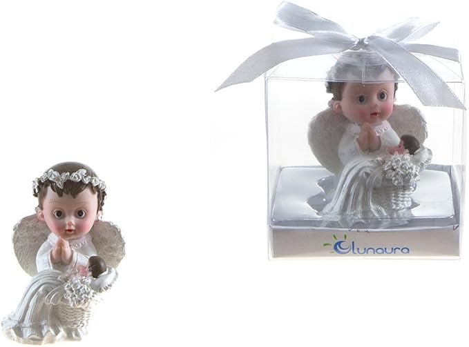 Lunaura Religious Keepsake - Set of 12 "Boy" Baby Angel in White Praying Next to Infant Favors - Blue