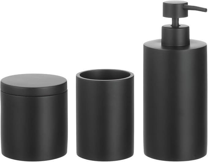 mDesign Resin 3-Piece Bathroom Vanity Countertop Accessories - Soap Dispenser, Tumbler Rinsing Cup, and Canister Holder Sets - Complete Modern Counter Aesthetic - Set of 3 - Black