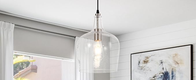 Large Hammered Glass Pendant Light Modern Brushed Nicklel 1 Light Single Dome Pendant Lighting Fixtures for Kitchen Island Dining Room Hallway, Dia 10 Inch, UL Listed