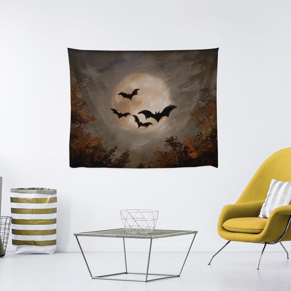 Spooky Halloween Bats Dark Academia Full Moon Autumn Leaves Wall Hanging Vintage Haunted Home Artwork Gothic Witchy Ghost Tapestries for bedroom Living Room Decor 70x90inch