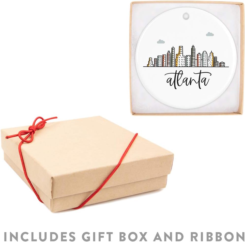 Andaz Press Round Ceramic Porcelain Christmas Tree Ornament, Atlanta Colorful City Skyline Graphic, 1-Pack Birthday Ideas Family Coworker Gift, Includes Gift Box