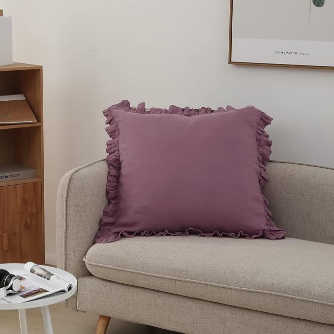 100% French Linen Euro Shams with Ruffles - Set of 2 - Washed Solid Color Natural Flax Soft Breathable Pillow Covers - Purple, 26'' x 26''