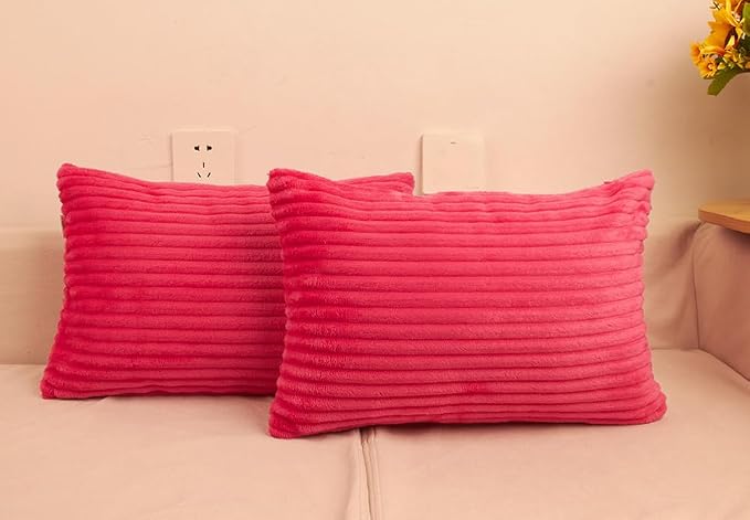 TangDepot Velvet Big Corduroy Pillow Covers 12x24 Deep Hot Pink 2-Pack | Soft wide-stripe corduroy pillow cover, hidden zipper, machine washable, easy refresh, for bedroom living room indoor outdoor