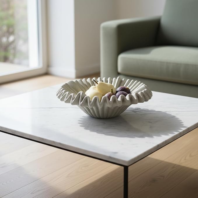 Large Decorative Bowl decor, Scalloped Pedestal Bowls for Modern Home Decor,Ruffle Decor,Stylish Key Bowl for Entry Table,Decorative Fruit Bowl for Kitchen Counter,Light Gray