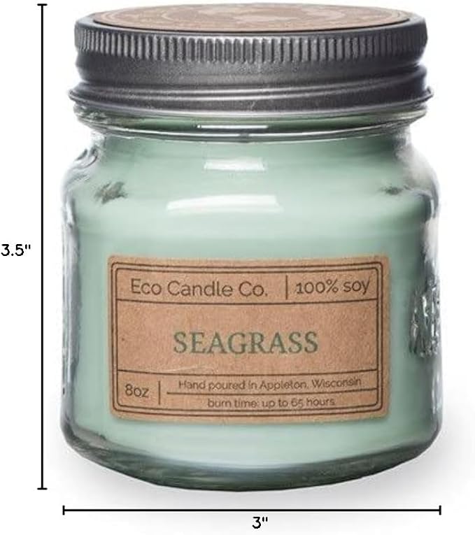 ECO CANDLE CO. Mason Jar Candle, Seagrass, 8 oz. - Scents of Coconut, Jasmine, Eucalyptus, Vetiver, Driftwood, & Seaweed - 100% Soy Wax, No Lead, Kraft Label & Antiqued Pewter Lid, Hand Made