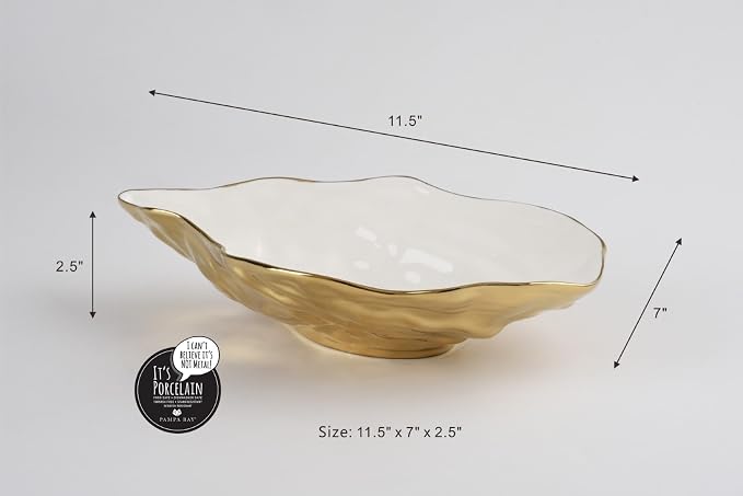 Pampa Bay Porcelain Medium Oyster Bowl, 11.25 x 7 Inch, White/Gold Tone, Oven and Dishwasher Safe