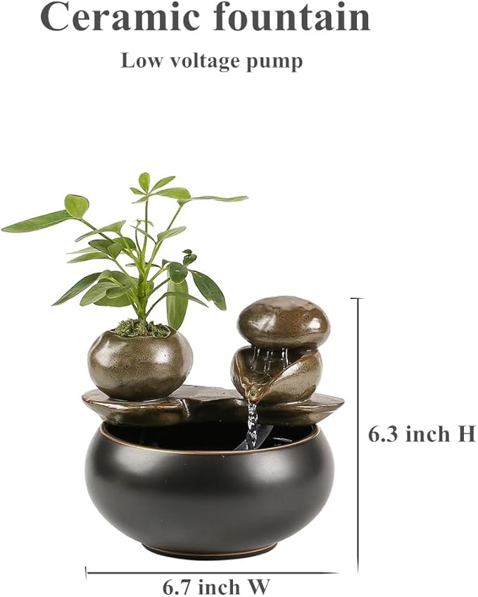 Ceramic Tabletop Fountain for Indoor and Home Decoration Table Desk Office Patio (Black 2)