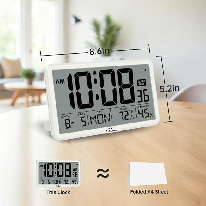 WallarGe Auto Set Digital Wall Clock Battery Operated, Desk Clocks with Temperature, Humidity and Date, Large Display Digital Calendar Alarm Clock for Elderly, Bedroom, Office, 8 Time Zone, Auto DST.