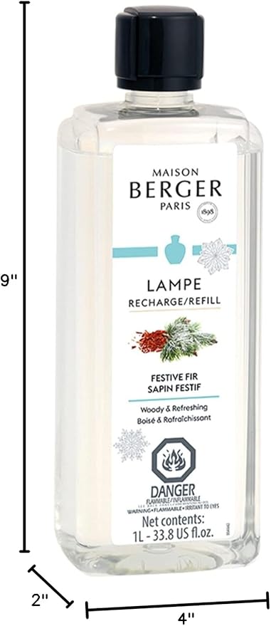 Maison Berger Festive Fir Lampe Berger Refill, 1 Liter (33.8 fl oz), 2-in-1 Catalytic System, Neutralizes Odors and Diffuses Fragrance, Pine Needles, Green Notes, Clean Notes, Pine, Made in France