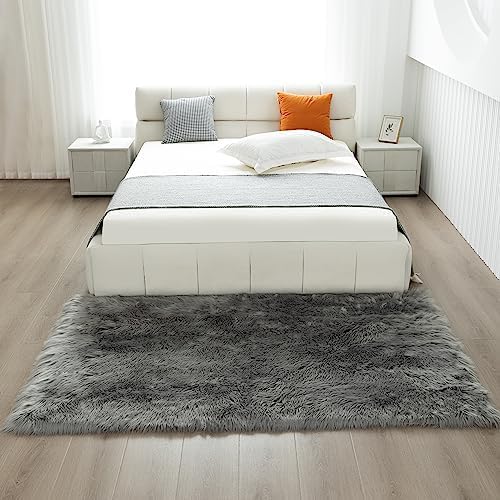 Faux Fur Rug Grey Sheepskin Area Rug,Ultra Soft 4x6 ft Rectangular Shaggy Plush Rug for Bedroom Sofa Floor Bedside Living Room Kids Room