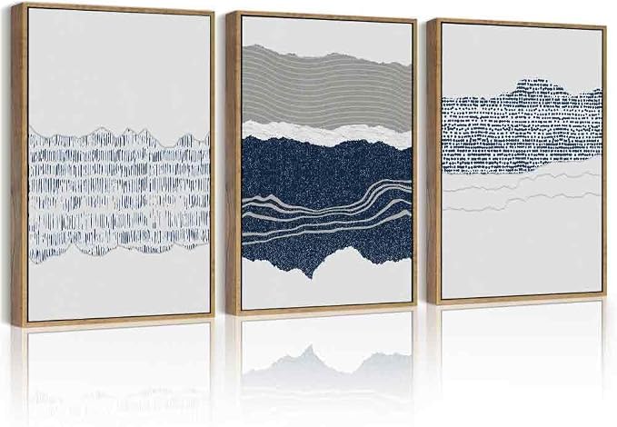 PHOPAGO Navy Blue Abstract Shapes Framed Wall Art Mid Century Minimalist Boho Wall Decor Modern Neutral Rustic Farmhouse Living Laundry Decor - 12x16in Natural Framed