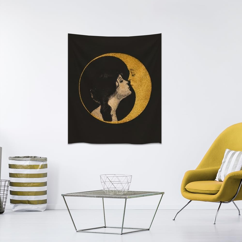 Dark Academia Woman Kissing Moon Art Tapestry Gothic Aesthetic Wall Hanging Witchy Picture Print Moon Goddess Tapestries Wall Decor for Living Room Bedroom Dorm 60x80inch