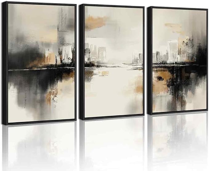 PHOPAGO Black Gray Abstract Landscape Framed Wall Art Large 16x24in Brown Tan Neutral Wall Decor Minimalist Modern Illustrations Prints Bedroom Home Decor - Black Framed