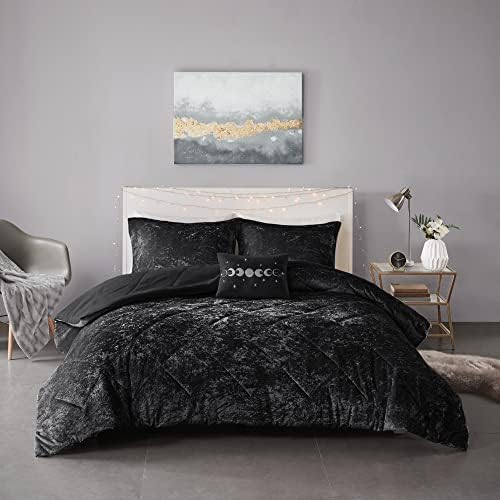 Intelligent Design Queen Duvet Cover Set, Velvet Queen Duvet Set, Luxury Diamond Quilting Black Duvet Cover, Fluffy Duvet Cover with Decorative Pillow and 2 Shams, 4 Pieces, Black, Full/Queen