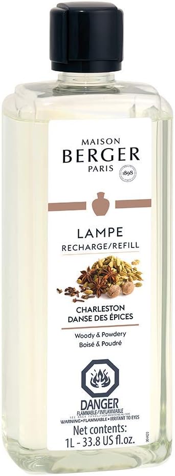 Maison Berger Charleston Lampe Berger Refill, 1 Liter (33.8 fl oz), 2-in-1 Catalytic System, Neutralizes Odors and Diffuses Fragrance, Cardamom, Cinnamon, Teakwood, Made in France