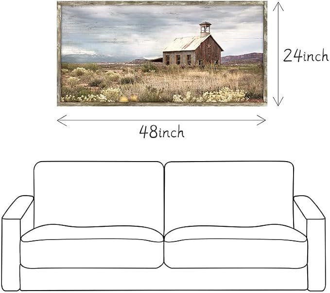 Farmhouse Wood Wall Art Picture: Framed Old Barn Print Decor Large Rustic Farm Landscape Country Artwork Panoramic Horizontal Nature Scene Rural Countryside Painting for Living Room Bedroom