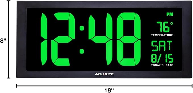 AcuRite 76101M Oversized LED Clock with Indoor Temperature, Date and Fold-Out Stand, 18", Green