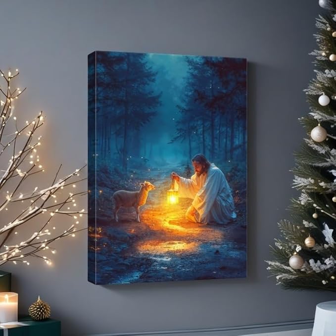 Ploceiny Christian gifts for women Religious wall art decorations for prayer room Jesus Running After Lost Lamb Picture Jesus and lamb canvas posters for home decor A-391 (16"X24")
