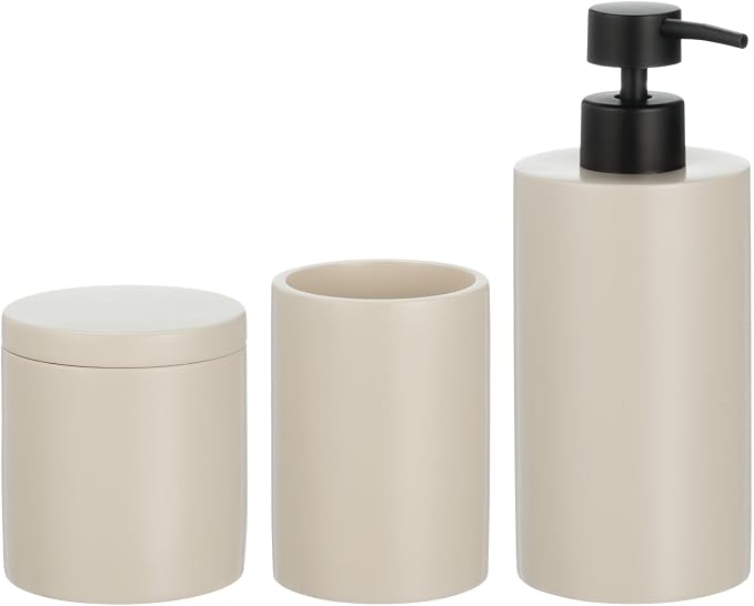 mDesign Resin 3-Piece Bathroom Vanity Countertop Accessories - Soap Dispenser, Tumbler Rinsing Cup, and Canister Holder Sets - Complete Modern Counter Aesthetic - Set of 3 - Taupe/Beige