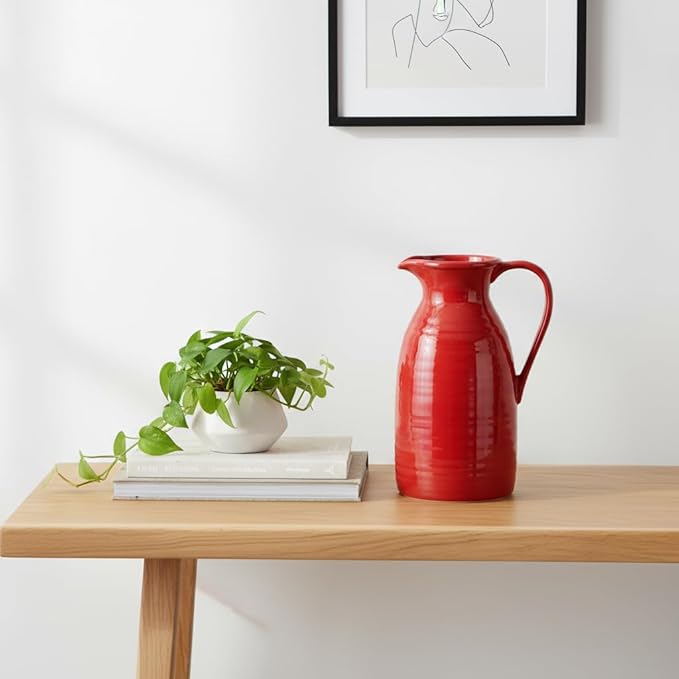 hjn hjn Farmhouse Pitcher Vase for Flowers- Ceramic Pitcher Vase Red Decorative Pitcher for Your Kitchen/Home Decor/Office/Living Room/Bookshelf/Mantel/-Red