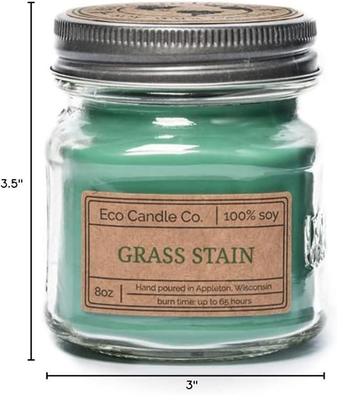 ECO CANDLE CO. Recycled Candle, Grass Stain, 8 oz. - Scents of Fresh Cut Grass - 100% Soy Wax, No Lead, Kraft Paper Label & Lid, Hand Poured, Phthalate Free, Midwest Grown Soybeans