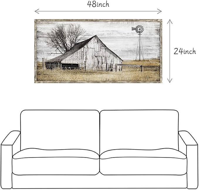 Farmhouse Framed Wall Art Picture: Rustic Barn Farm Wood Artwork Decor Large Country Landscape Windmill Print Horizontal Panoramic Countryside Rural Nature Scene Painting for Living Room Bedroom