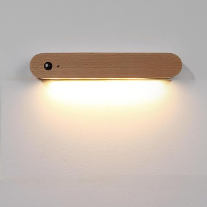 Wooden Motion Sensor Wall Light Magnetic Rechargeable Hallway 1-Pack | Night light warm LED glow, USB C, Detachable design, Tool-free mounting for closets, stairs, cabinets, entryways, home