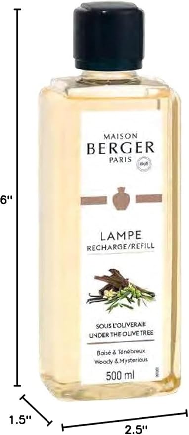 MAISON BERGER Under The Olive Tree Lampe Berger Refill, 500 ml (16.9 fl oz), 2-in-1 Catalytic System, Neutralizes Odors and Diffuses Fragrance, Jasmine, Oudh Wood, Cedarwood, Made in France