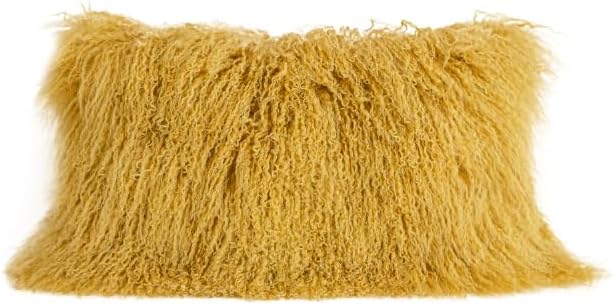 MOOX Mongolian Lamb Fur Pillow Covers Lumbar Throw Sheepskin Pillow Case Genuine Wool Fur Tibetan Accent Living Room Bedroom Decorative Cushion Cover (12 * 20inch Gold)