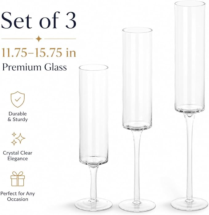 Koyal Wholesale Tall Skinny Floating Candle Holders, Modern Raised Slim Glass Hurricane Pedestal Candles Holder for Weddings, Centerpieces, Home Decor, Parties (Set of 3)