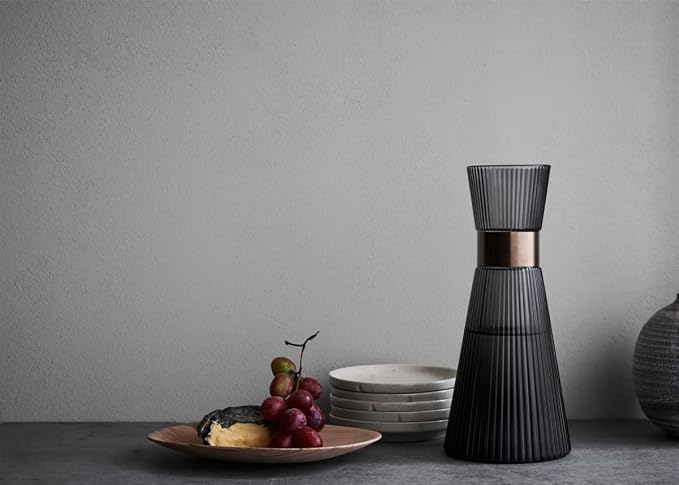 Rosendahl Grand Cru Nouveau 33.8 oz. Water Carafe - Elegant Smoke-Colored Mouth Blown Glass with Patinated Steel Accents, Dishwasher Safe - Stylish & Functional Design for Modern Living