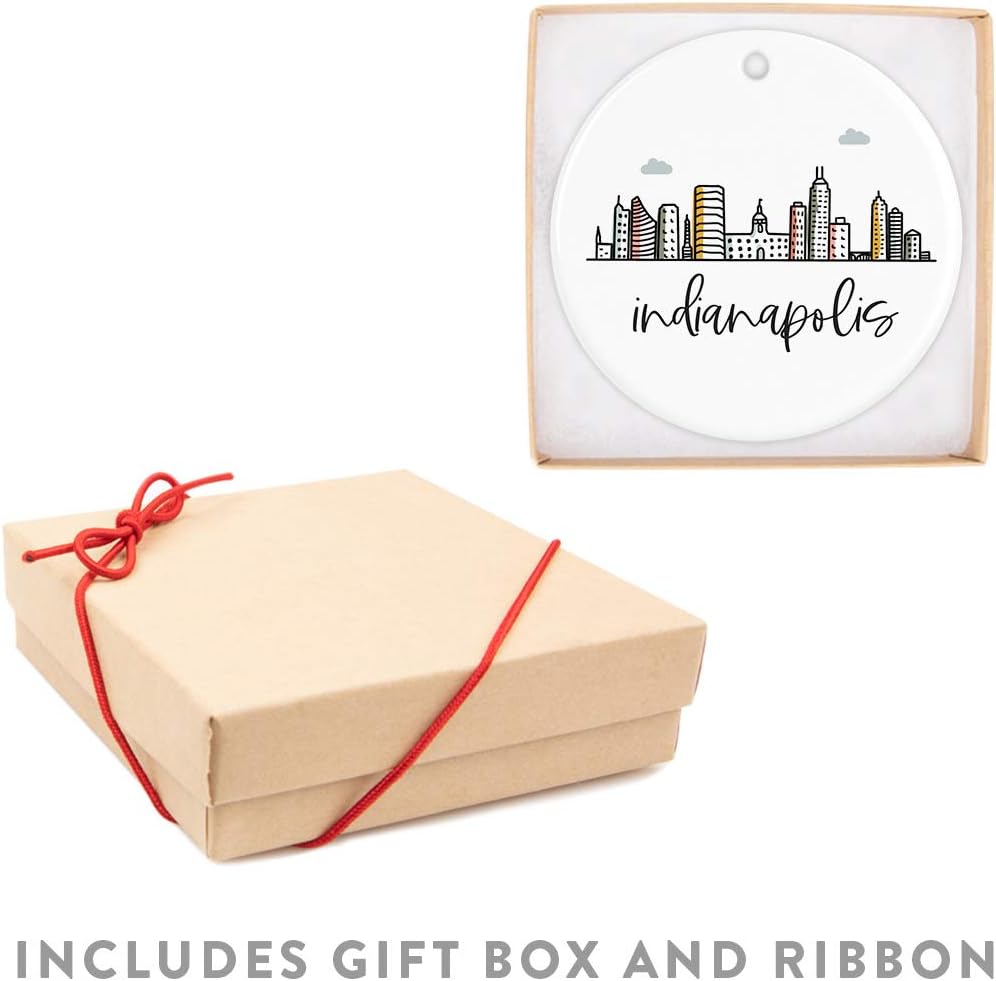 Andaz Press Round Ceramic Porcelain Christmas Tree Ornament Keepsake Gift, Indianapolis, Colorful City Skyline Graphic, 1-Pack, Birthday Ideas Family Coworker Him Her, Includes Gift Box