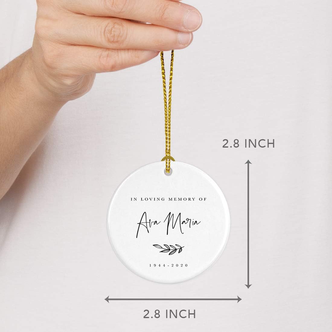 Andaz Press Personalized Round Ceramic Porcelain Christmas Ornament Keepsake Collectible Beareavement Memorial Gift, in Loving Memory of Ava Maria Carter 1944-2024, Antique Handdrawn, 1-Pack, Custom