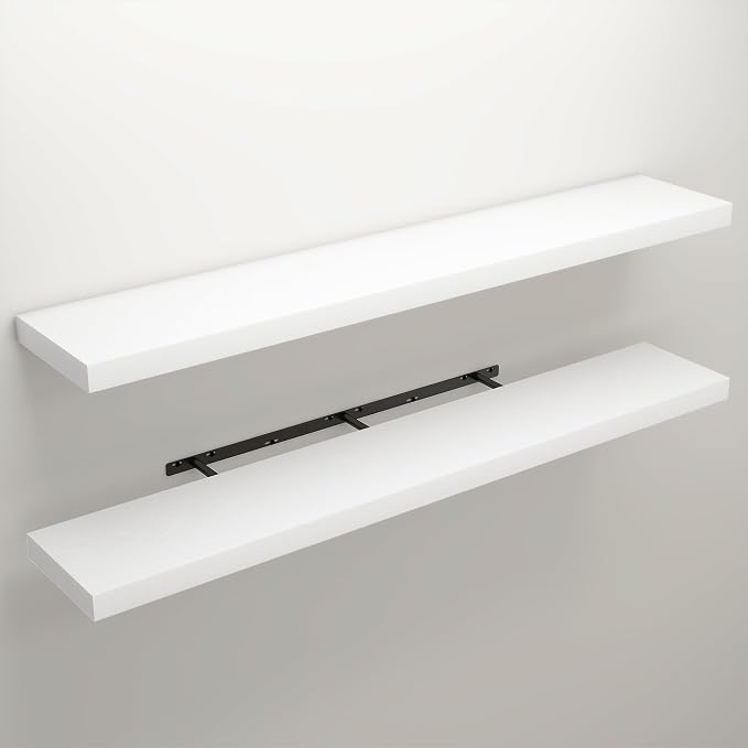 Floating Shelves for Wall, 9.3" Deep Wall Mounted Wood Shelves for Bathroom, Bedroom, Living Room, Kitchen, Hanging Shelf for Books/Storage/Room Decor (White, 55")