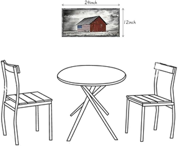 Barn Picture Framed Wall Art: Rustic Black White Farmhouse American Flag Print Wood Decor Horizontal Patriotic Country Farm Artwork Panoramic Living Room Nature Landscape Rural Countryside Scene Painting for Home Bedroom