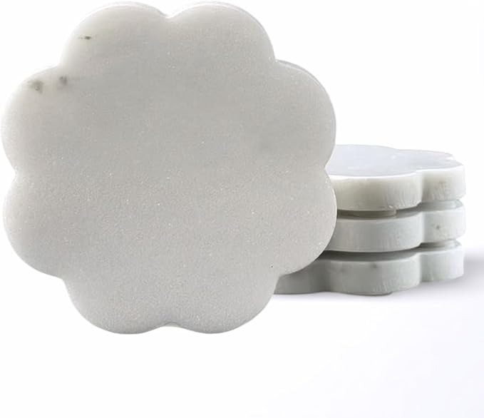 Marble Coasters Set of 4, Handcrafted Drink Protectors, Natural Stone Coaster Bar & Table Decor, Modern Desk Aesthetic Accessories, Non-Slip Luxury Gift (Marble White Round Scalloped)