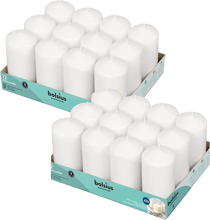 BOLSIUS White Pillar Candles - 2.7 x 5 Inches - 2 Packs = Total 24 Candles - 43+ Hours - Premium European Quality - Consistent Smokeless Flame - Unscented Dripless Pillars